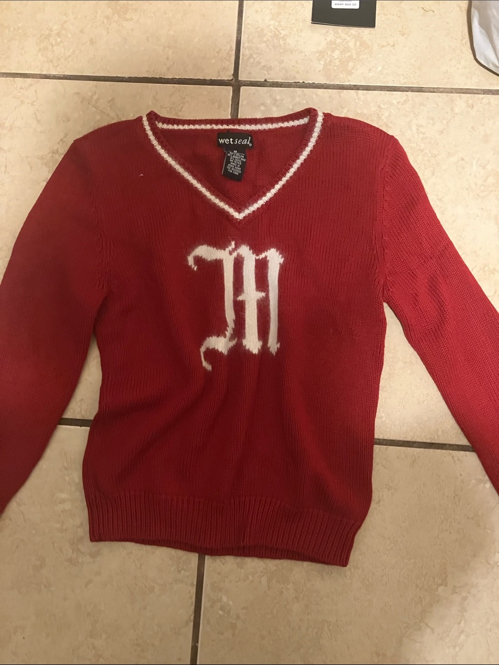 Wet Seal Red V-Neck Sweater with White Monogram Trim